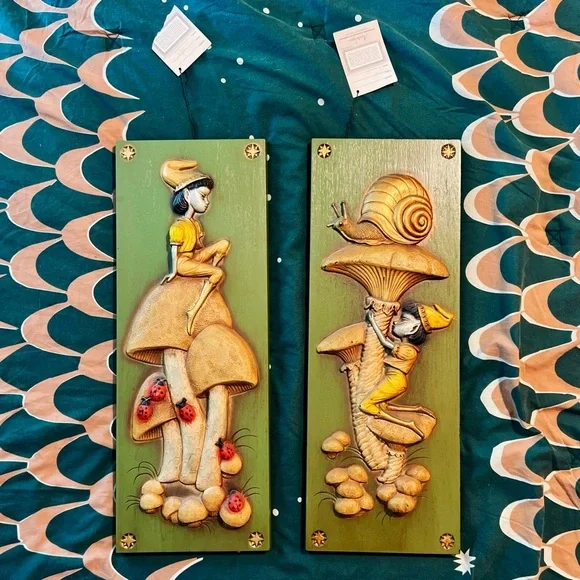 1970s Deadstock Burwood Products Co Arabesque Elves Mushroom Snail Wall Plaques - Picture 6 of 6
